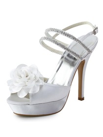 Elegantpark Open Toe Stiletto Heel Sandal Straps Beading Buckle Flower Satin Wedding & Party Shoes