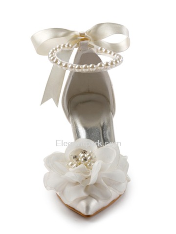 Elegantpark Satin Pointy Toe Stiletto Heel Pearls Flowers Evening&Party Shoes with Ribbon Tie (EP11052)