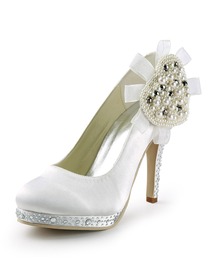 Elegantpark White Round Toe Platform Pearls Stiletto Heel Rhinestone Satin Wedding Party Shoes