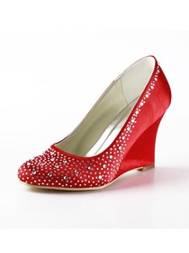 Elegantpark Red Almond Toe Satin Rhinestones Wedge Wedding Evening & Party Shoes
