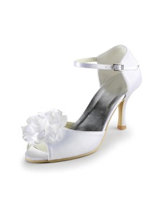 Elegantpark White Peep Toe Flower Stiletto Heel Satin Wedding & Evening Bridal Sandals