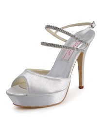 Elegantpark White Peep Toe Stiletto Heel Platform Satin Rhinestones Wedding Party Shoes