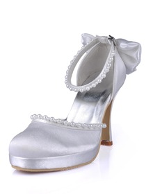 Elegantpark Almond Toe Pearls Bow Platform Stiletto Heel Satin Wedding Evening Party Shoes
