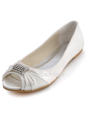 Elegantpark Peep Toe Satin Rhinestones Flat Heel Bridal Wedding Party Shoes (EP2053)