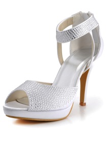Elegantpark Peep Toe Stiletto Heel Platform Satin Rhinestones Back Zipper Bridal Party Shoes