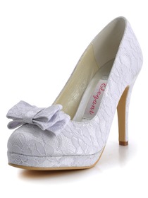 Elegantpark White Almond Toe Bow Platfrom Stiletto Heel Lace Wedding Bridal Shoes