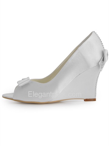 Elegantpark White Peep Toe Bow Rhinestone Satin Wedges Wedding Bridal Shoes (EP41020)