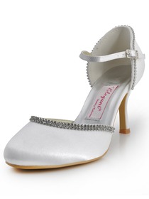 Elegantpark Satin Stiletto Heel Round Toe Rhinestones Wedding Shoes With Buckle