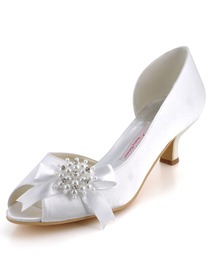 Elegantpark White Peep Toe Chunky Heel Satin Beading Evening & Party Shoes