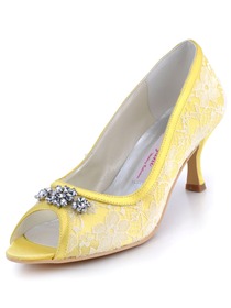 Elegantpark Yellow Peep Toe Stiletto Heel Satin Lace Rhinestones Shoes