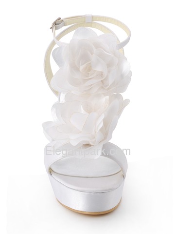 Elegantpark White Open Toe Stiletto Heel Flower Platforms Satin Wedding Party Buckle Sandals (EP2068-PF)
