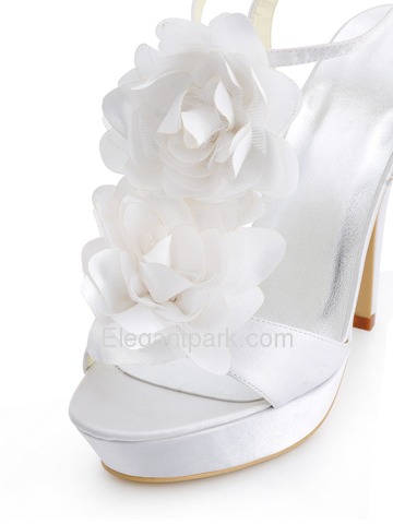 Elegantpark White Open Toe Stiletto Heel Flower Platforms Satin Wedding Party Buckle Sandals (EP2068-PF)