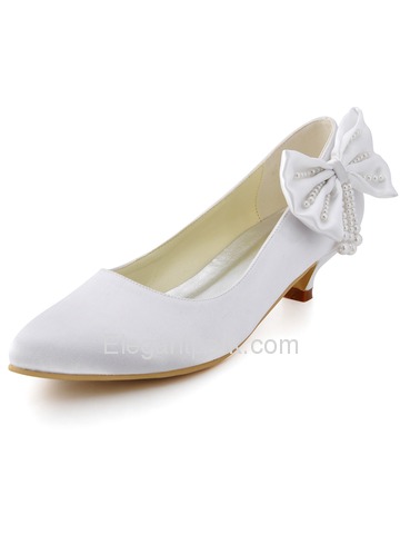 Elegantpark White Almond Toe Low Heel Bowknot Pearls Satin Wedding Evening Party Shoes (EP2084)