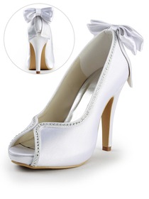 Elegantpark Peep Toe Stiletto Heel Platform Satin Bowknot Rhinestones Wedding & Party Shoes