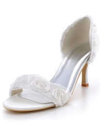 Elegantpark White Open Toe Stiletto Heel Satin Flowers with Pearls Wedding Bridal Sandals