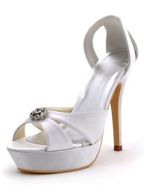 Elegant White Stiletto Heel Satin Platform Rhinestones Bridal Sandals
