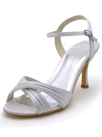 Elegantpark White Open Toe Buckle Stiletto Heel Satin Pleats Wedding Evening Party Sandals