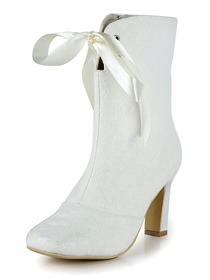 Elegantpark White Square Toe Satin Lace Fashion Evening & Party Bridal Boots