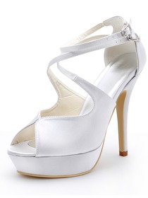 Elegantpark White High Heel Shoes Peep Toe Cross Straps Stiletto Heel Platform Satin Wedding Sandals