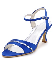 Elegantpark Blue Open Toe Rhinestone Ankle Strap Slingback Spool Heel Satin Prom Sandals