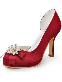 Elegantpark Red Round Toes Pearls Satin Pumps High Heel Rhinestones Platform Bridal Shoes
