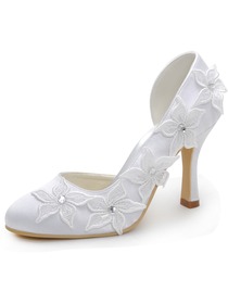 Elegantpark White Almond Toe Embroidery Flower Rhinestone Spool Heel Satin Wedding Shoes