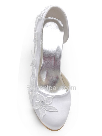 Elegantpark White Almond Toe Embroidery Flower Rhinestone Spool Heel Satin Wedding Shoes (EP2133)