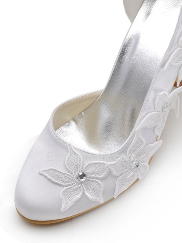 Elegantpark White Almond Toe Embroidery Flower Rhinestone Spool Heel Satin Wedding Shoes (EP2133)