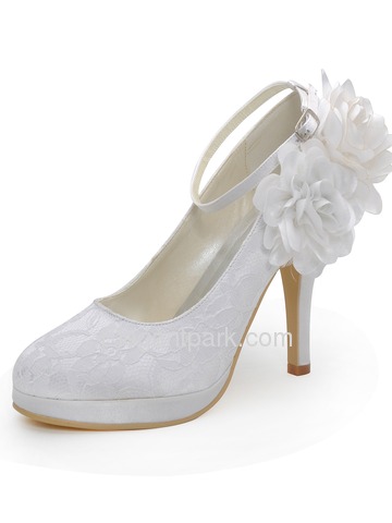 Elegantpark White Almond Toe Platform Side Flower Ankle Strap Stiletto Heel Lace Wedding Shoes (EP2132-PF)