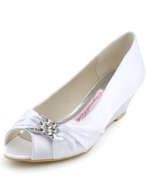 Elegantpark 2014 New White Peep Toe Rhinestone Wedge Heel Satin Bridal Shoes