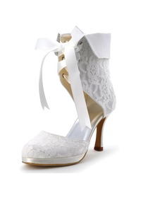 Elegantpark Wedding Party Satin Stiletto Lace Closed Toe Heel Pumps Platform Ankle Bridal Boots