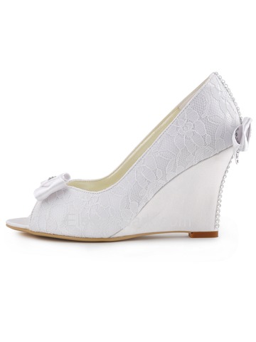 Elegantpark White Ivory Peep Toe Lace Satin Bow Rhinestones Wedges Wedding Bridal Shoes (WP1414)