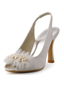 New 2015 Peep Toe Spool Heel White Ivory Satin Pearls Party Wedding Bride Shoes