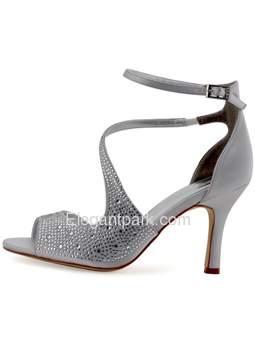 Elegantpark New Silver Satin Open Toe Stiletto Heels Crystal Weeding Party Shoes (HP1505)