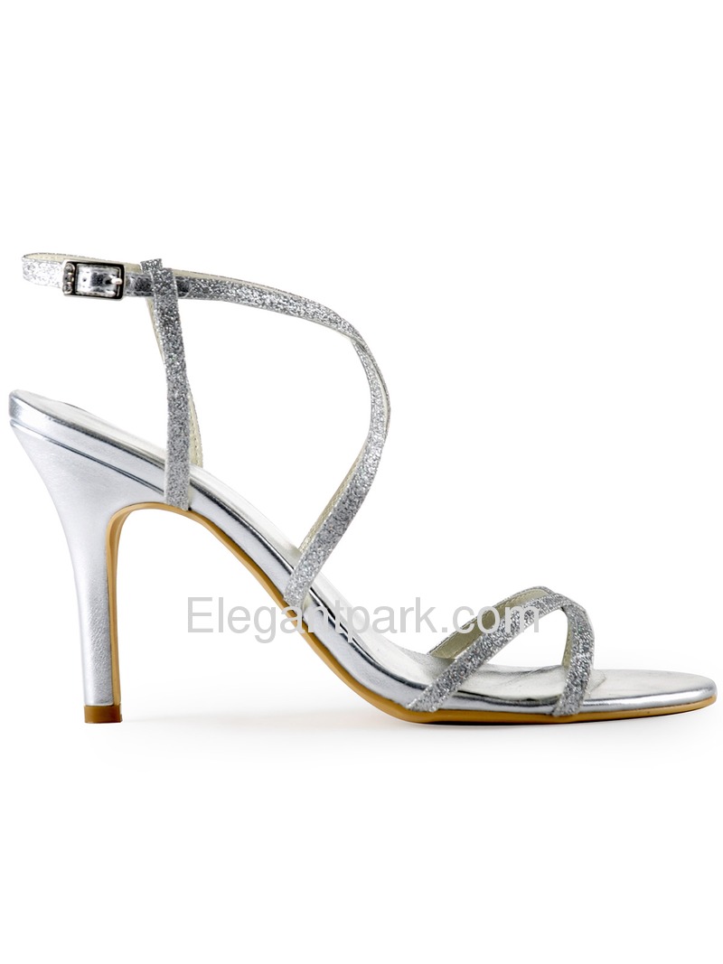 Elegantpark Silver Open Toe Buckle Stiletto Heel Satin Wedding Evening