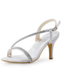 Elegantpark Silver Open Toe Rhinestone Chain Chunky Heel Satin Evening & Party Shoes