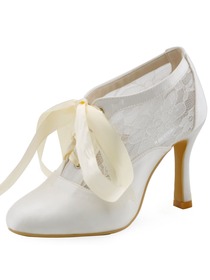 ElegantPark Women's White Ivory Closed Toe Pumps Ribbon Tie Wedding Party Shoes