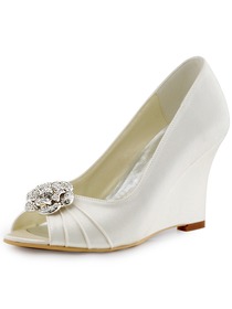 ElegantPark Ivory Women Peep Toe Detachable Flower Rhinestones Wedges Satin Wedding Bridal Shoes