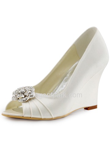 ElegantPark Ivory Women Peep Toe Detachable Flower Rhinestones Wedges Satin Wedding Bridal Shoes (WP1547)