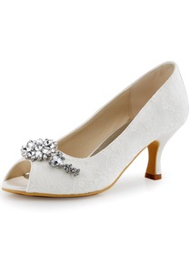 ElegantPark Women Peep Toe Rhinestones Mid Heel Satin Wedding Bridal Shoes