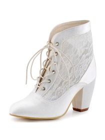 ElegantPark Women Ankle Boots White ivory Chuck Heel Lace-up Round Toe Lace Wedding Bridal Shoes