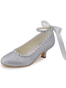 Elegantpark Silver Almond Toe Chunky Heel Glitter PU Ribbon Tie Evening Party Shoes