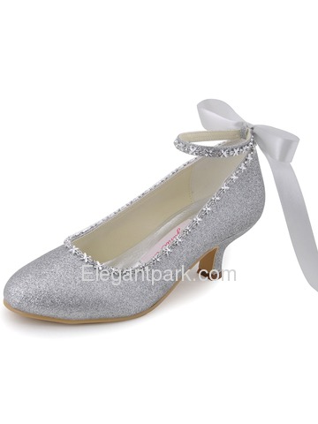 Elegantpark Silver Almond Toe Chunky Heel Glitter PU Ribbon Tie Evening Party Shoes (EP31010)