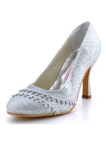 Elegantpark Silver Round Toe Stiletto Heel Glitter PU Wedding Bridal Prom Shoes