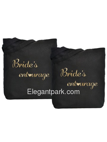 ElegantPark Bride's Entourage Tote Bag Black Canvas Gold Script 100% Cotton 2 Packs