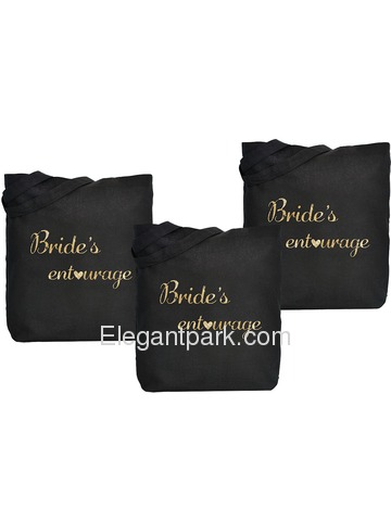 ElegantPark Bride's Entourage Tote Bag Black Canvas Gold Script 100% Cotton 3 Packs