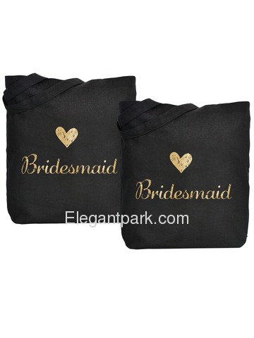 ElegantPark Bridesmaid Wedding Tote Bag Black Canvas Gold Script 100% Cotton 2 Packs