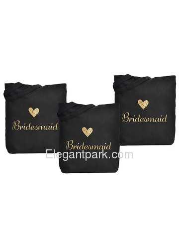 ElegantPark Bridesmaid Wedding Tote Bag Black Canvas Gold Script 100% Cotton 3 Packs
