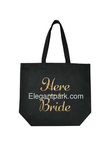 ElegantPark Here Comes the Bride Tote Bag Wedding Gifts Black 100% Cotton with Gold Script