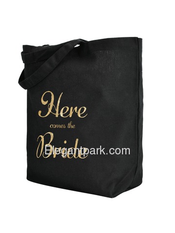 ElegantPark Here Comes the Bride Tote Bag Wedding Gifts Black 100% Cotton with Gold Script